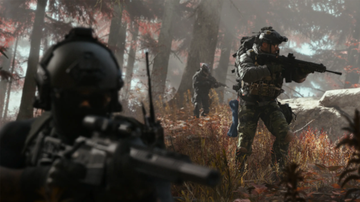 Modern Warfare-style artwork: squad moving through forest cover