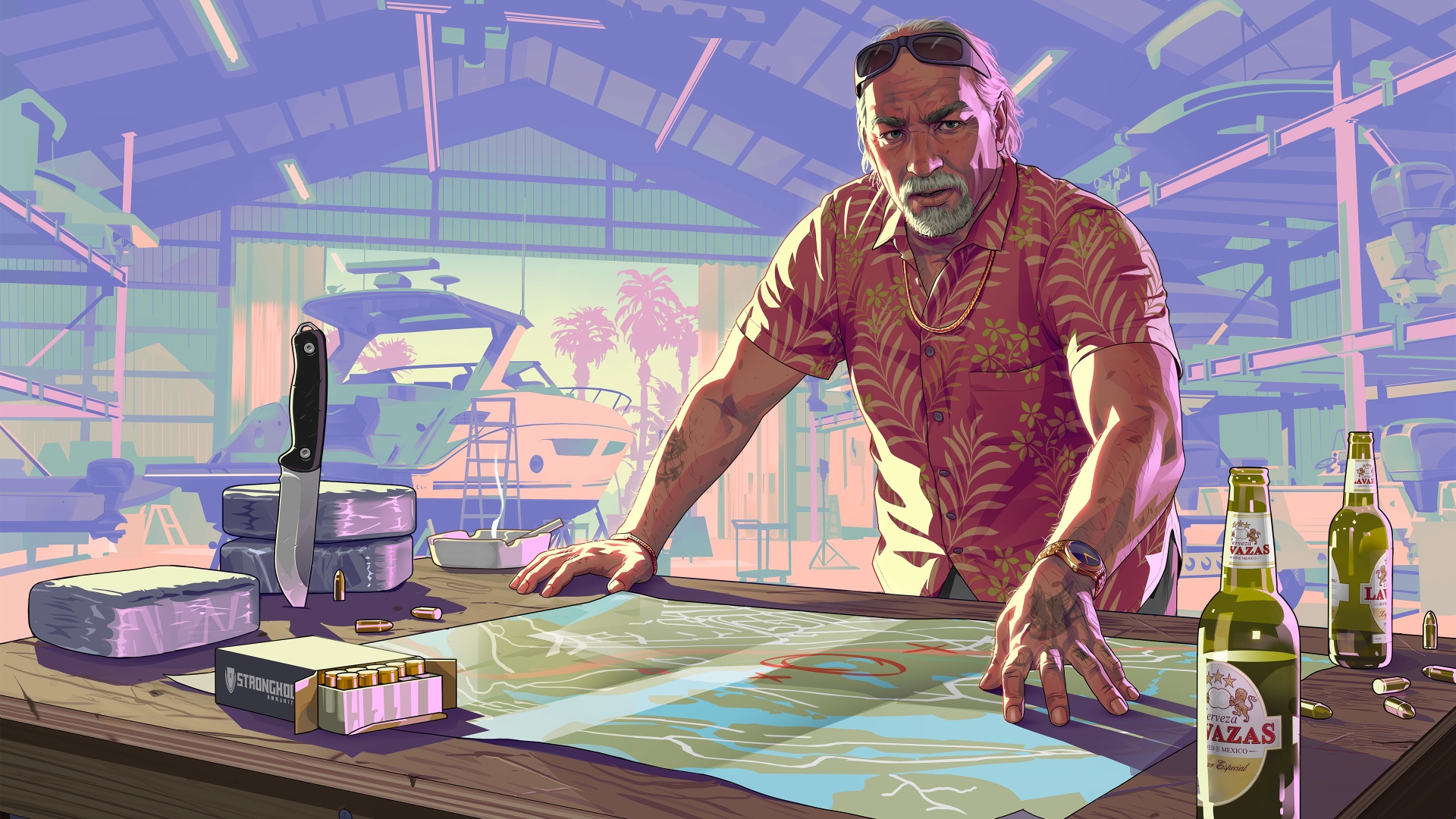 GTA VI-style artwork: planning a job in a lock-up garage