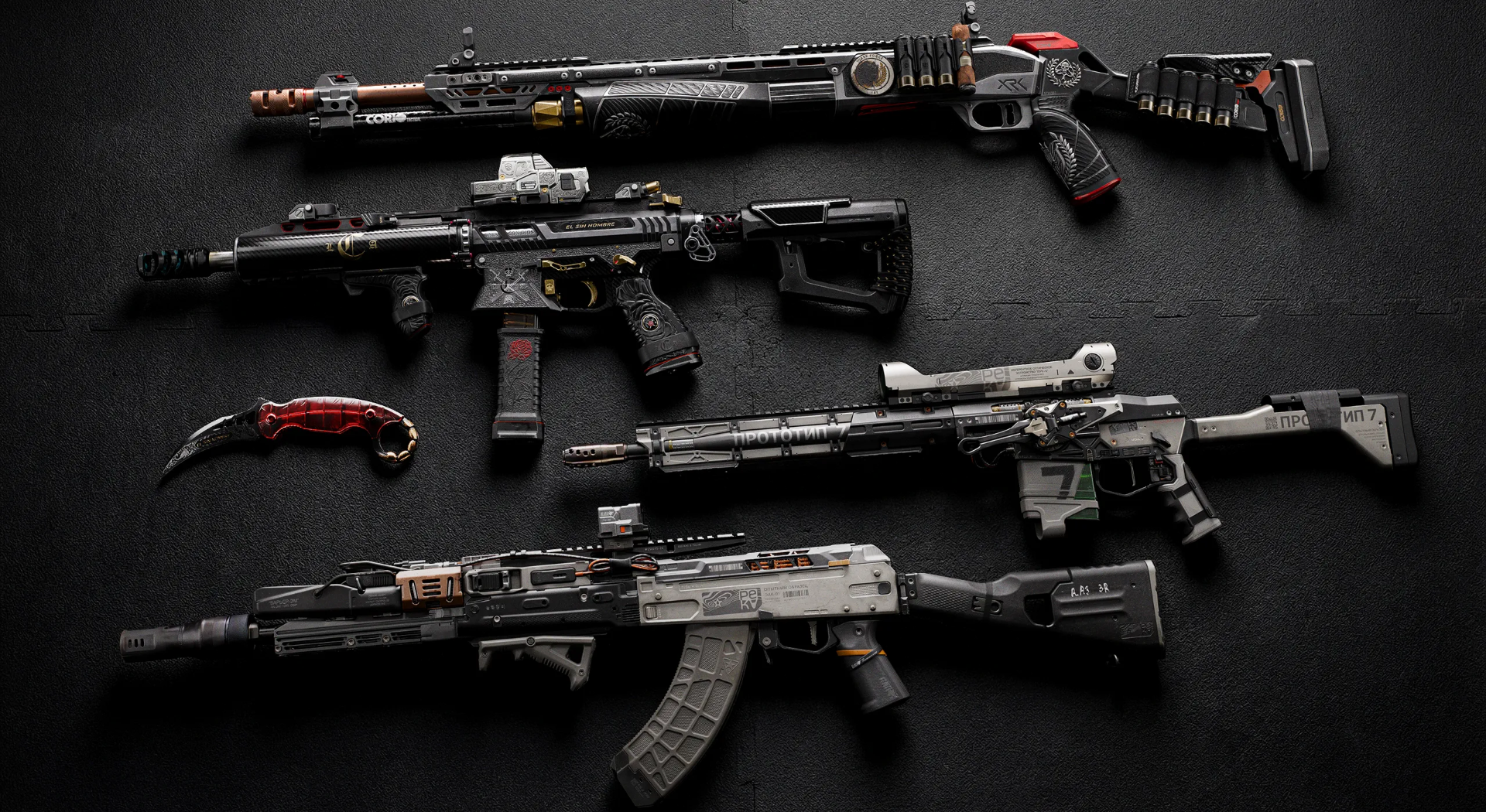 Modern Warfare-style artwork: weapon loadout array