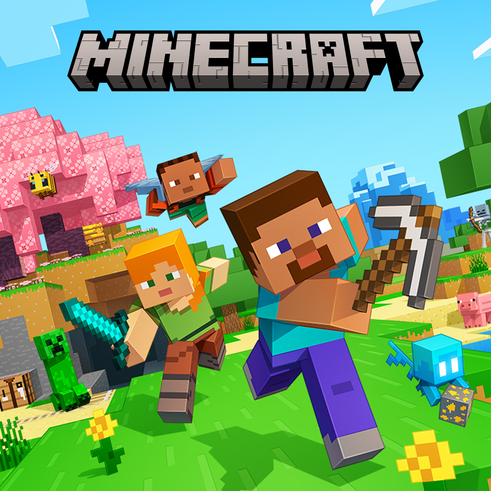 Minecraft key art: Steve, Alex and mobs in a cherry grove