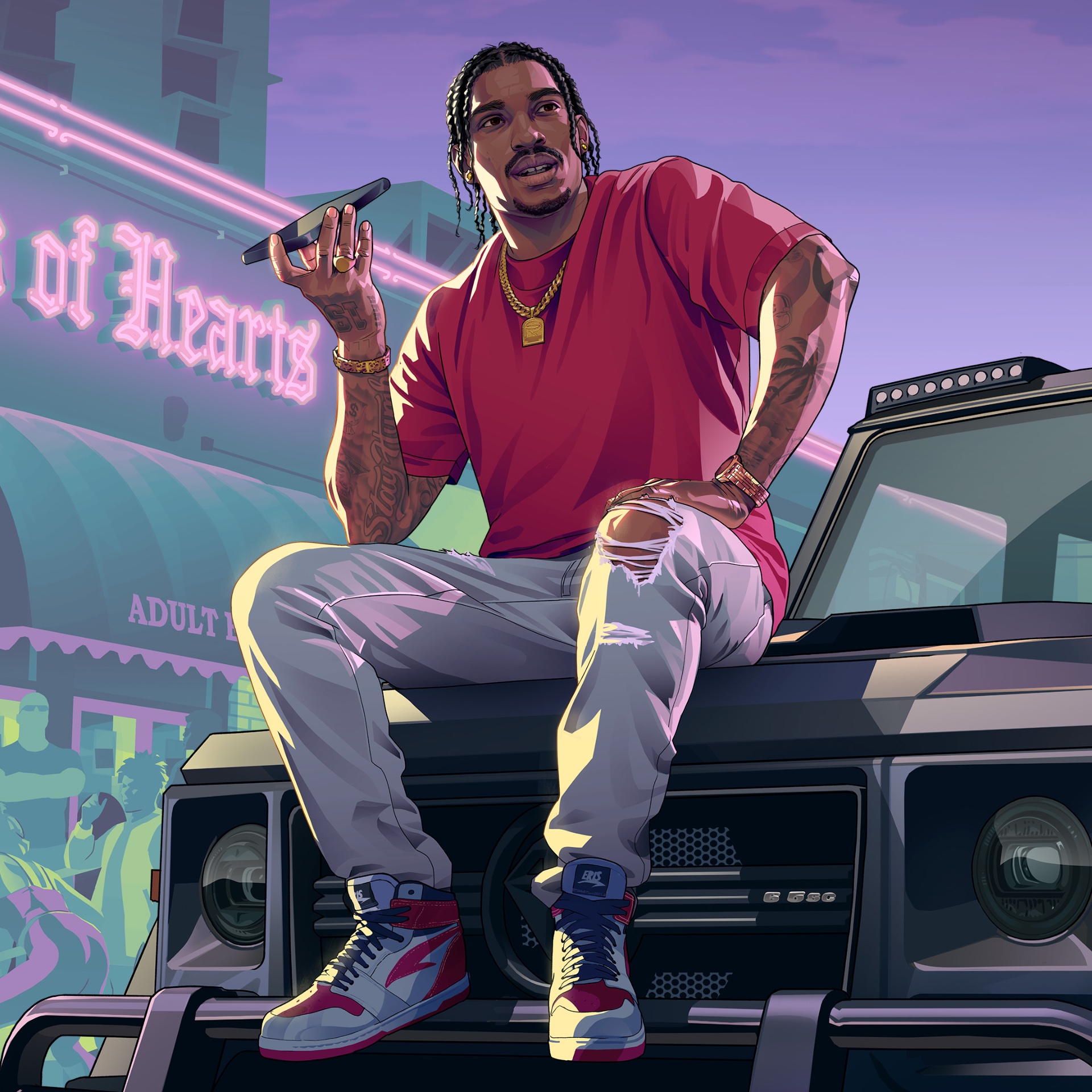GTA VI-style artwork: a man on a car hood taking a call
