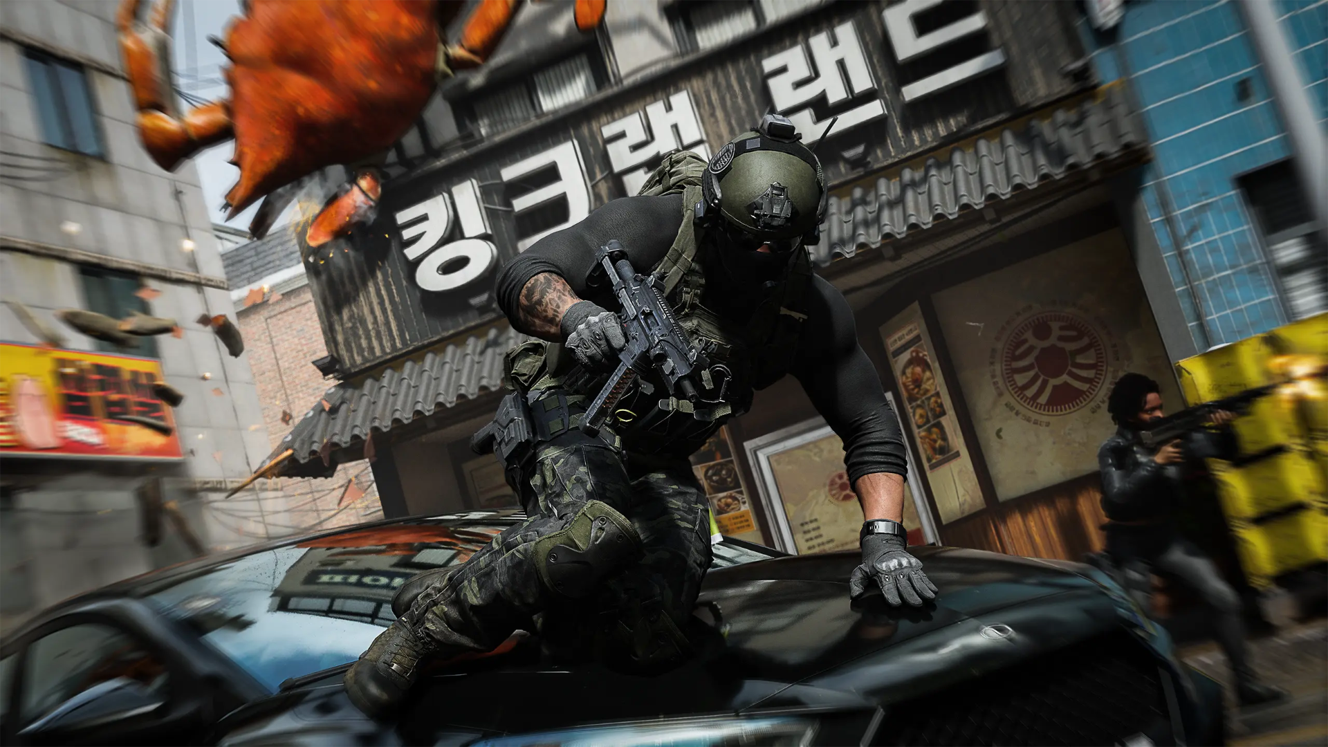 Modern Warfare-style artwork: operator vaulting a vehicle