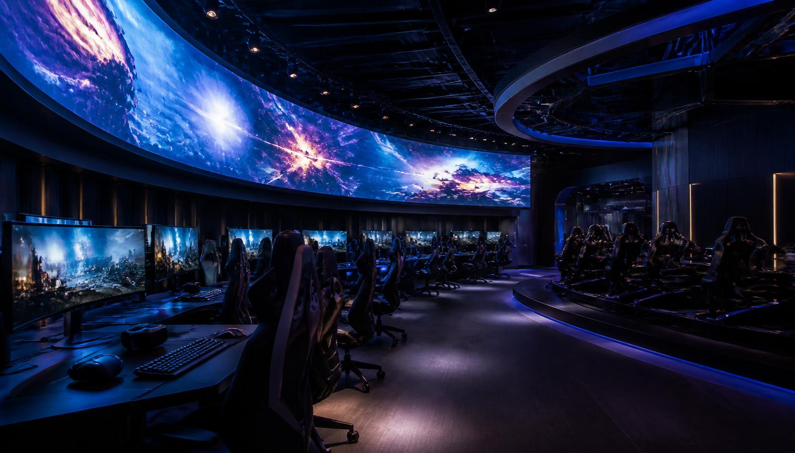 Concept render of the IMMERSE Arena competition floor with LED ribbon screen
