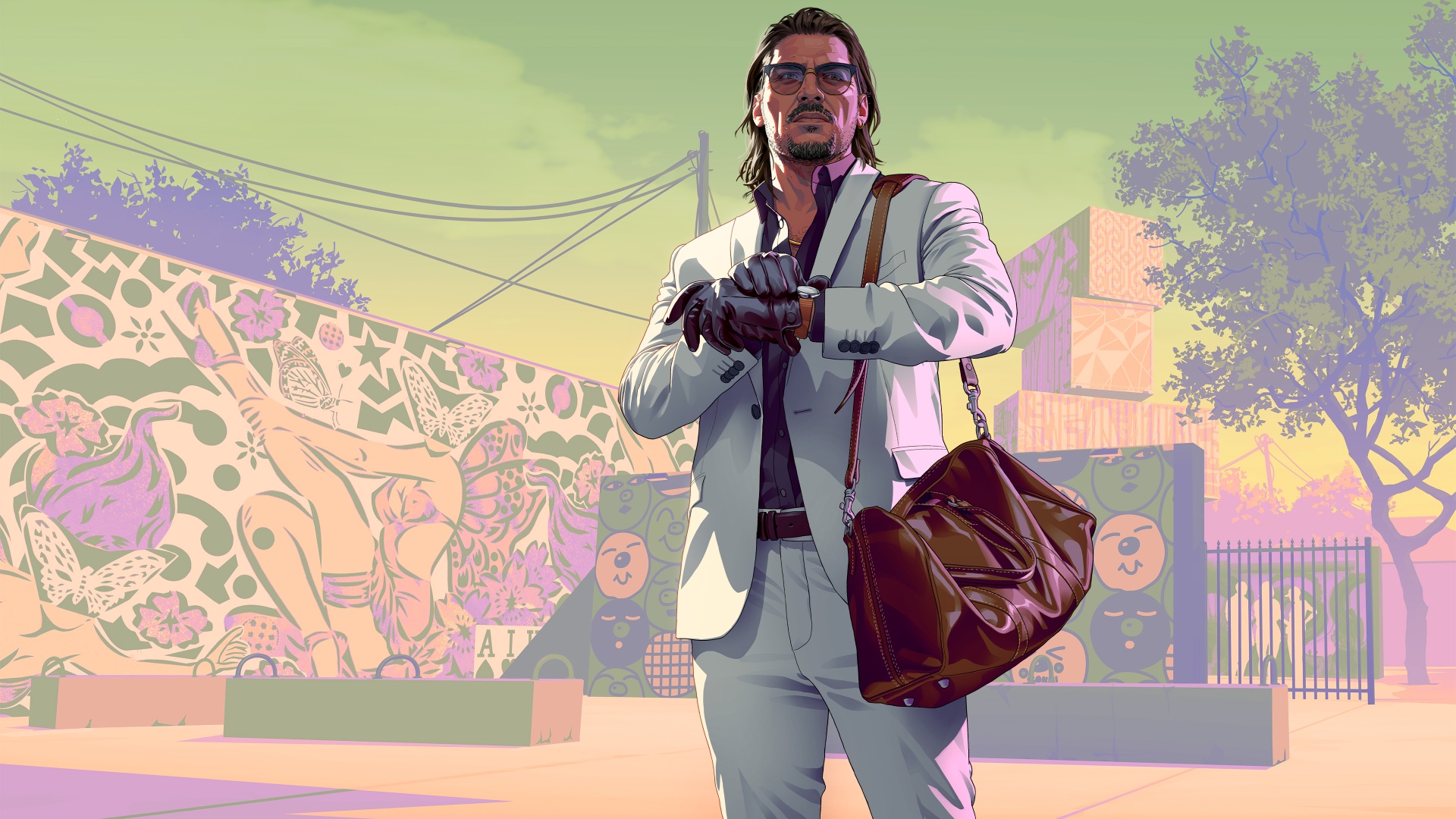 GTA VI-style artwork: a man in a white suit checking his watch
