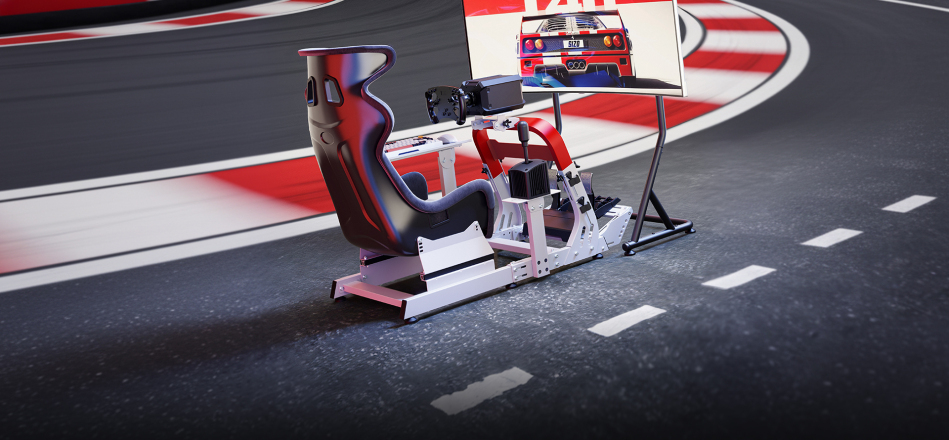 IMMERSE simulator cockpit with wheel, pedals and display on a race track