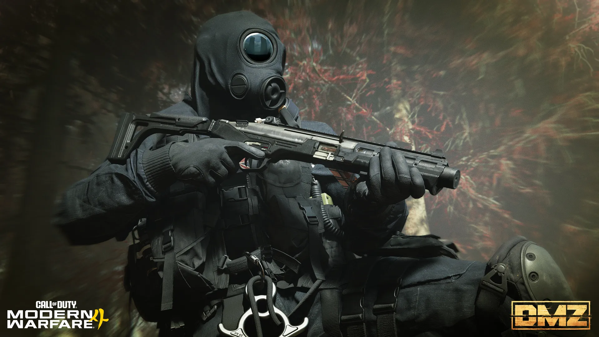 Modern Warfare-style artwork: gas-masked operator with a shotgun