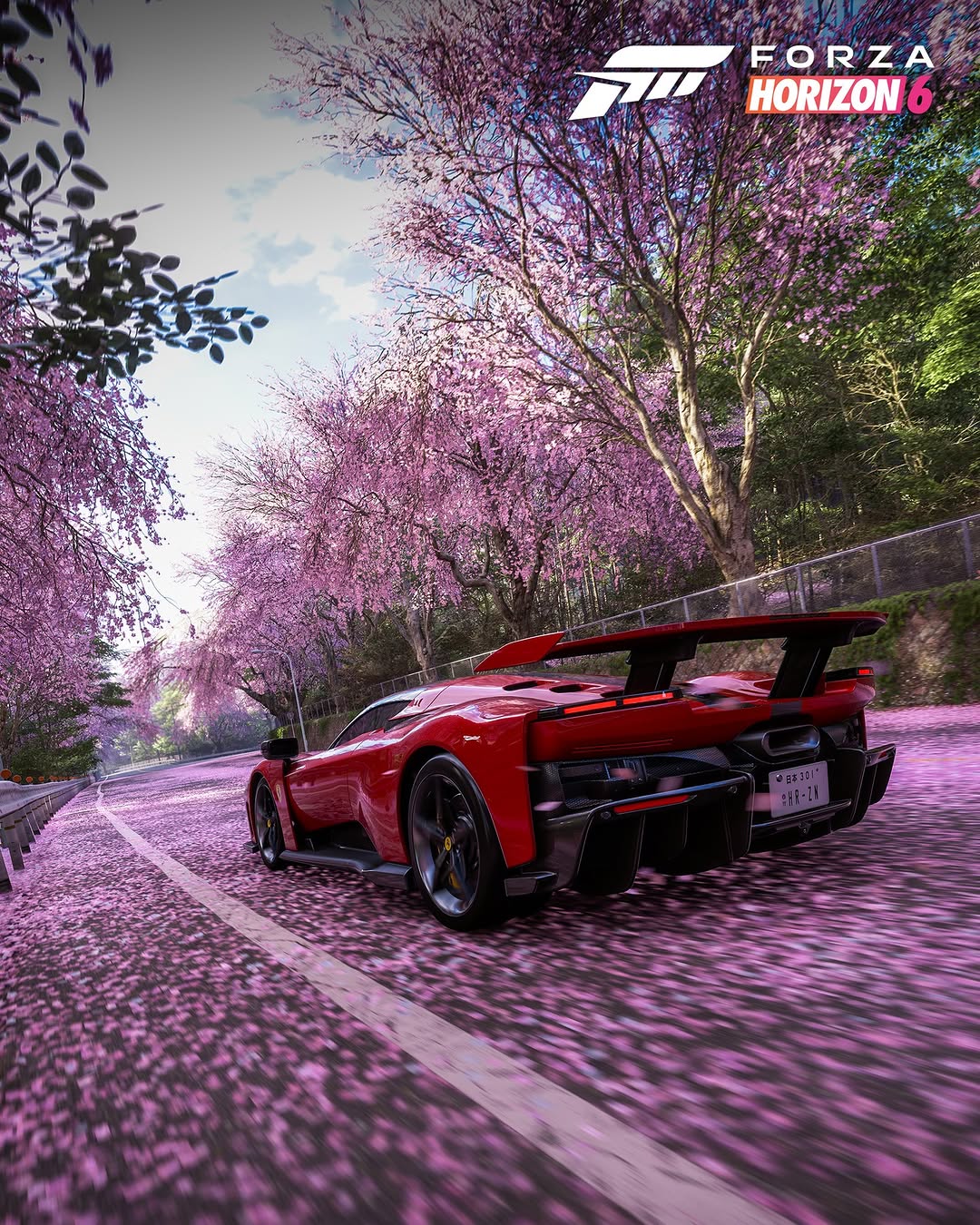 Forza Horizon 6 key art: a red hypercar under cherry blossom
