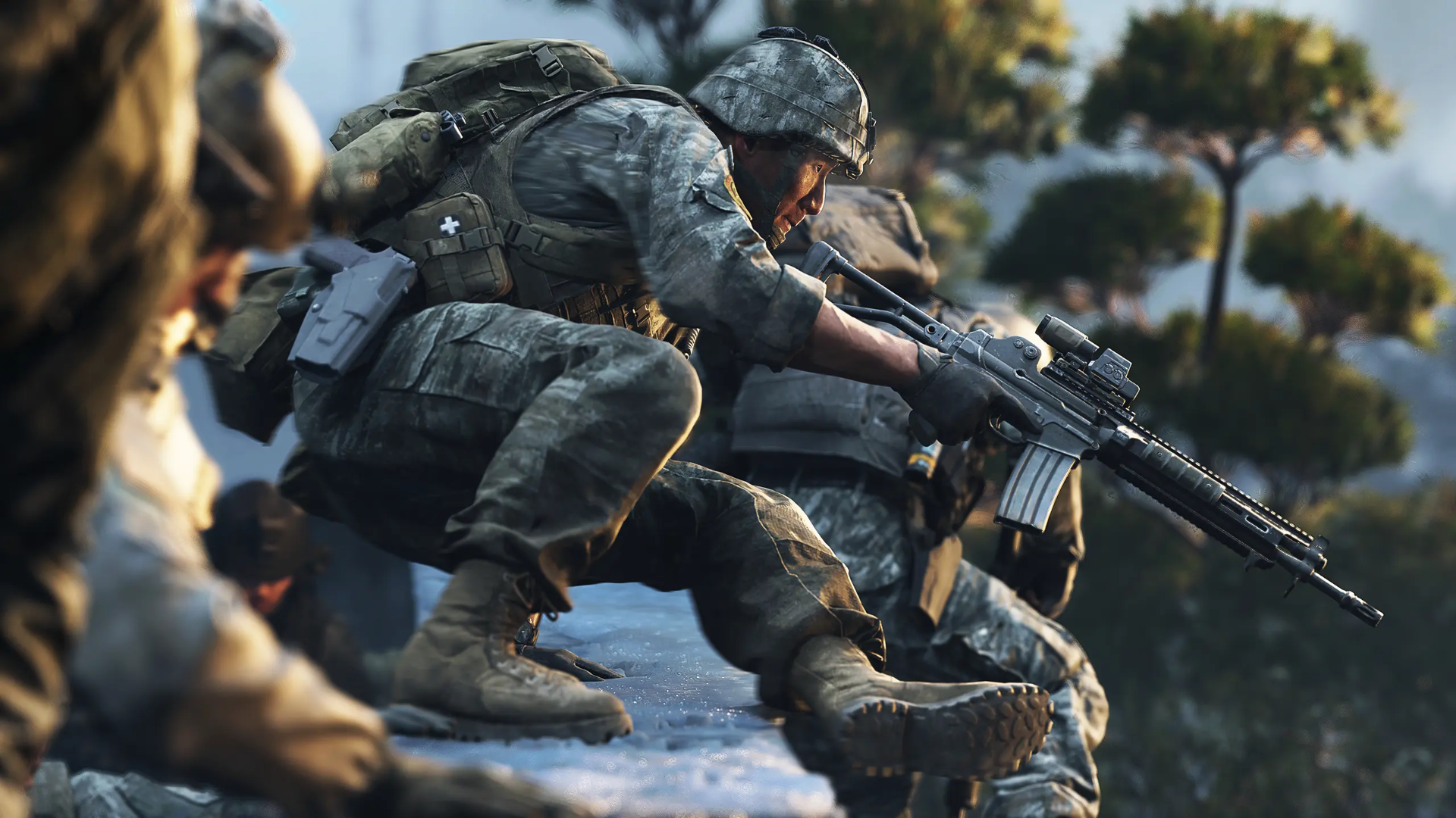 Modern Warfare-style artwork: operators in tactical stance