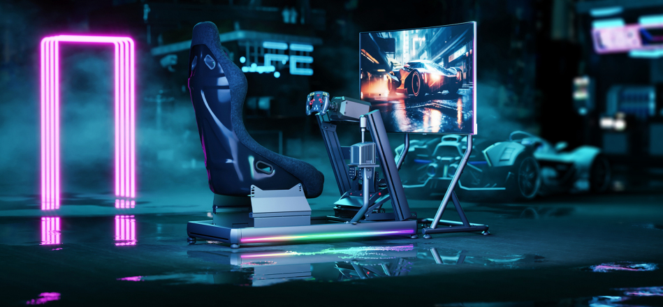 IMMERSE sim racing rig in a neon-lit gaming arena