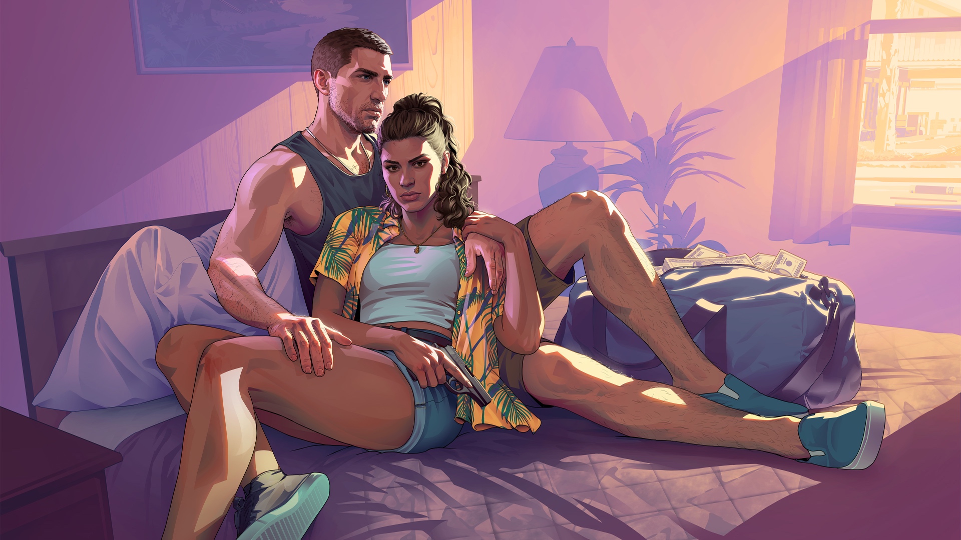 GTA VI-style artwork: an interior character scene
