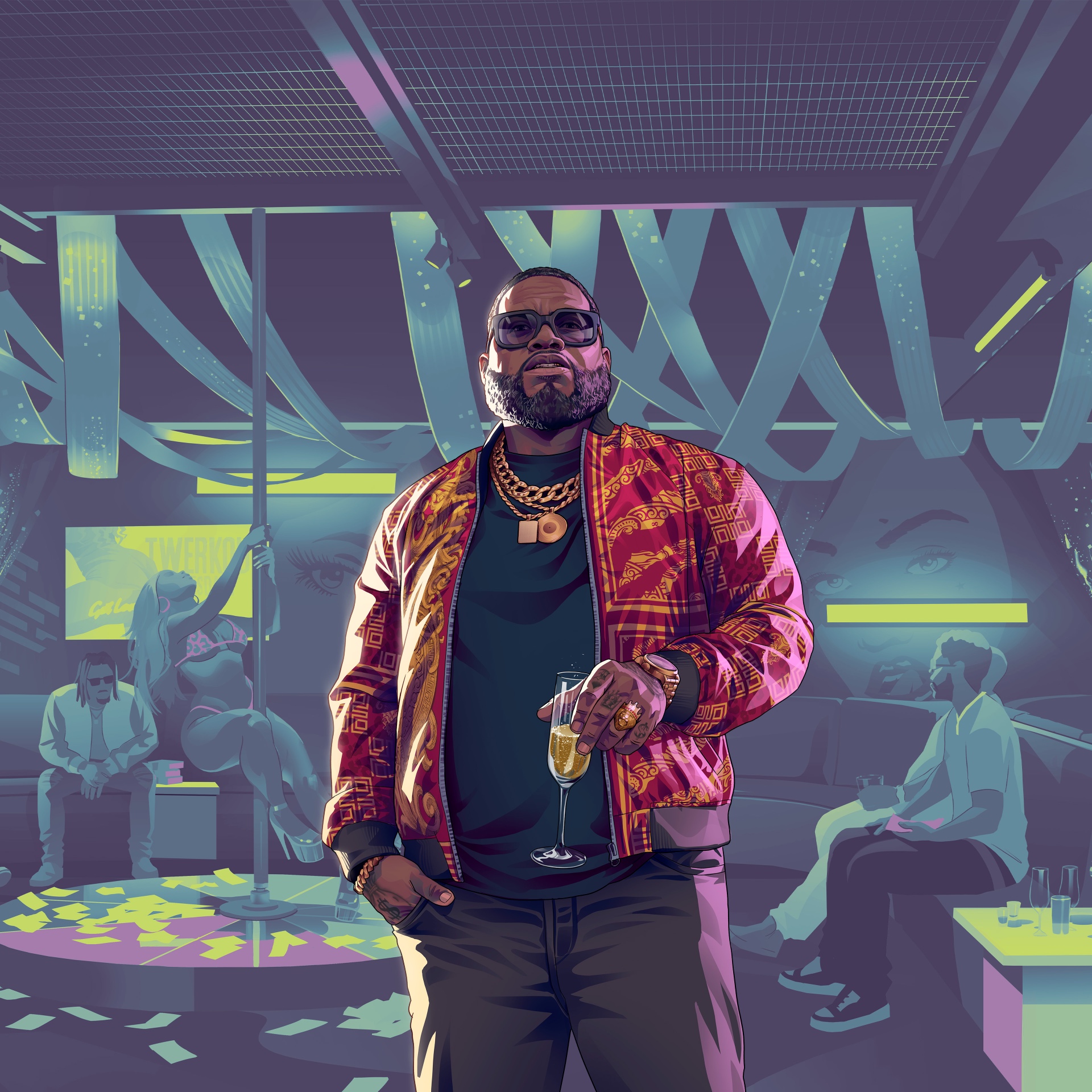 GTA VI-style artwork: a club scene with champagne