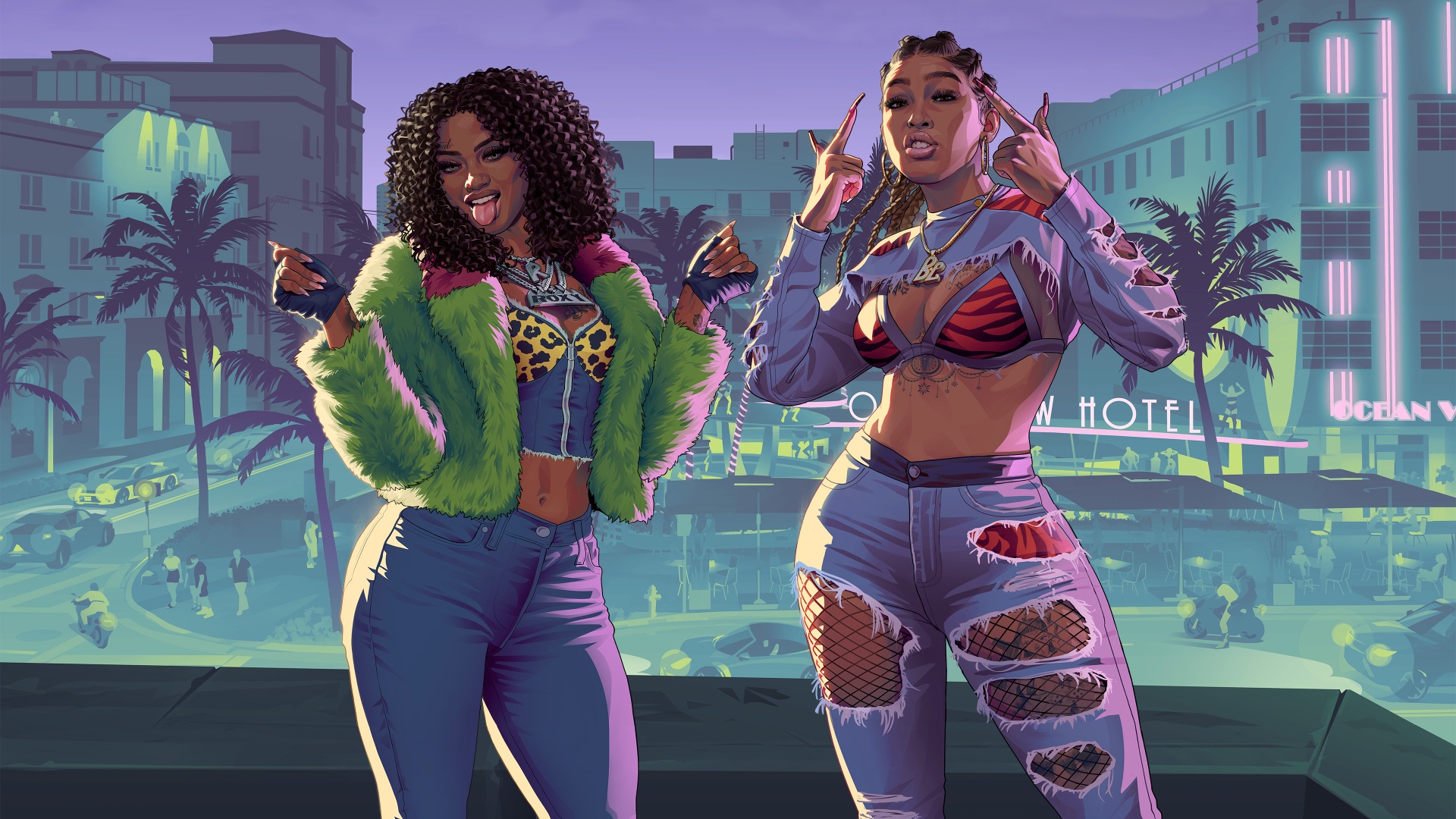 GTA VI-style artwork: two figures on a city rooftop at dusk