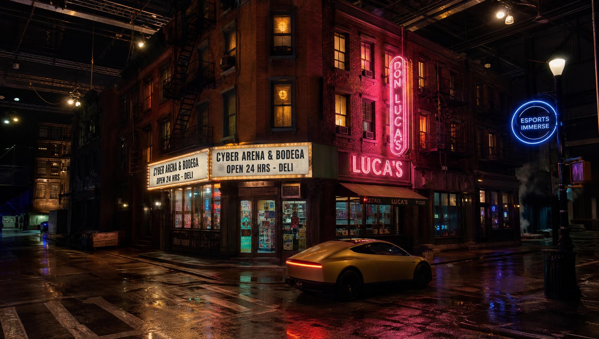 Concept render of the Manhattan district with brick tenements, fire escapes, a Cyber Arena & Bodega storefront, Don Luca's neon pizzeria signage and a gold Tesla Cybercab