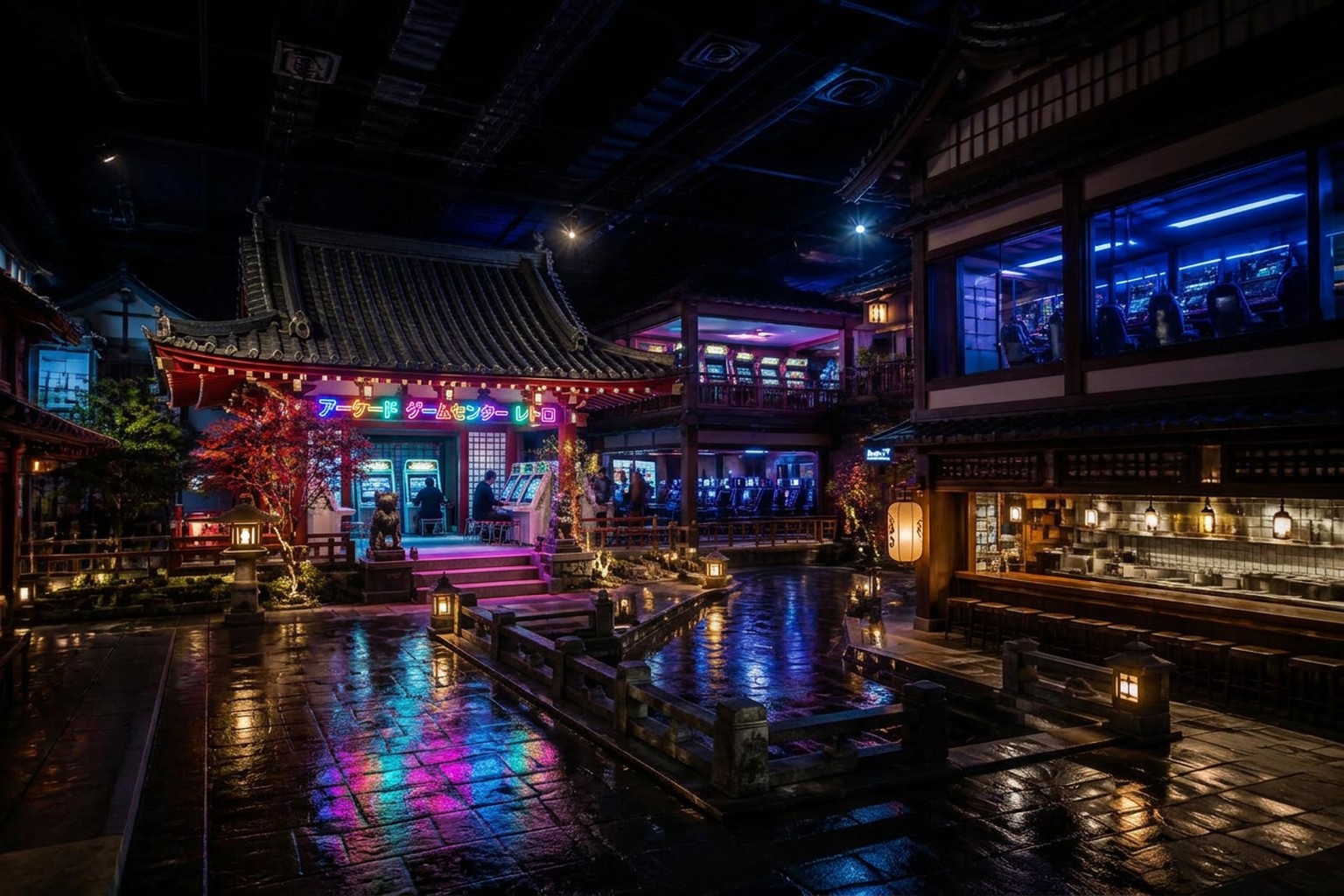 Concept render of the Tokyo district with a temple courtyard, lantern-lit lanes and a glowing retro gaming arcade inside the temple