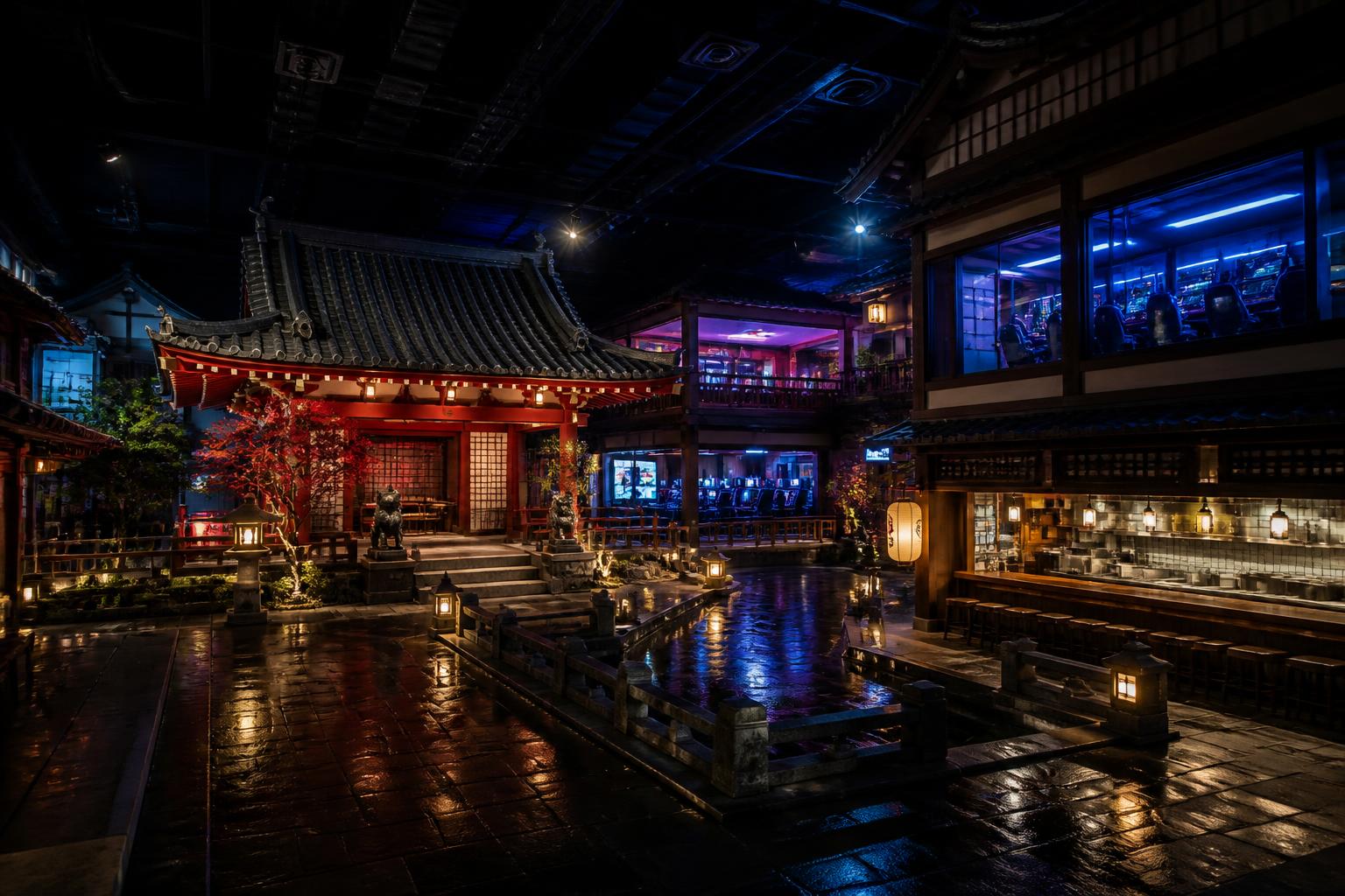 Concept render of the Tokyo district with a temple courtyard, noodle bar and glass-fronted gaming rooms
