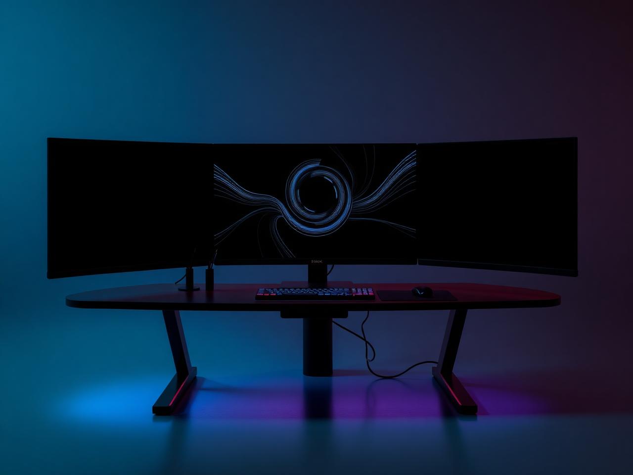 Dark premium gaming desk setup with ultrawide monitor