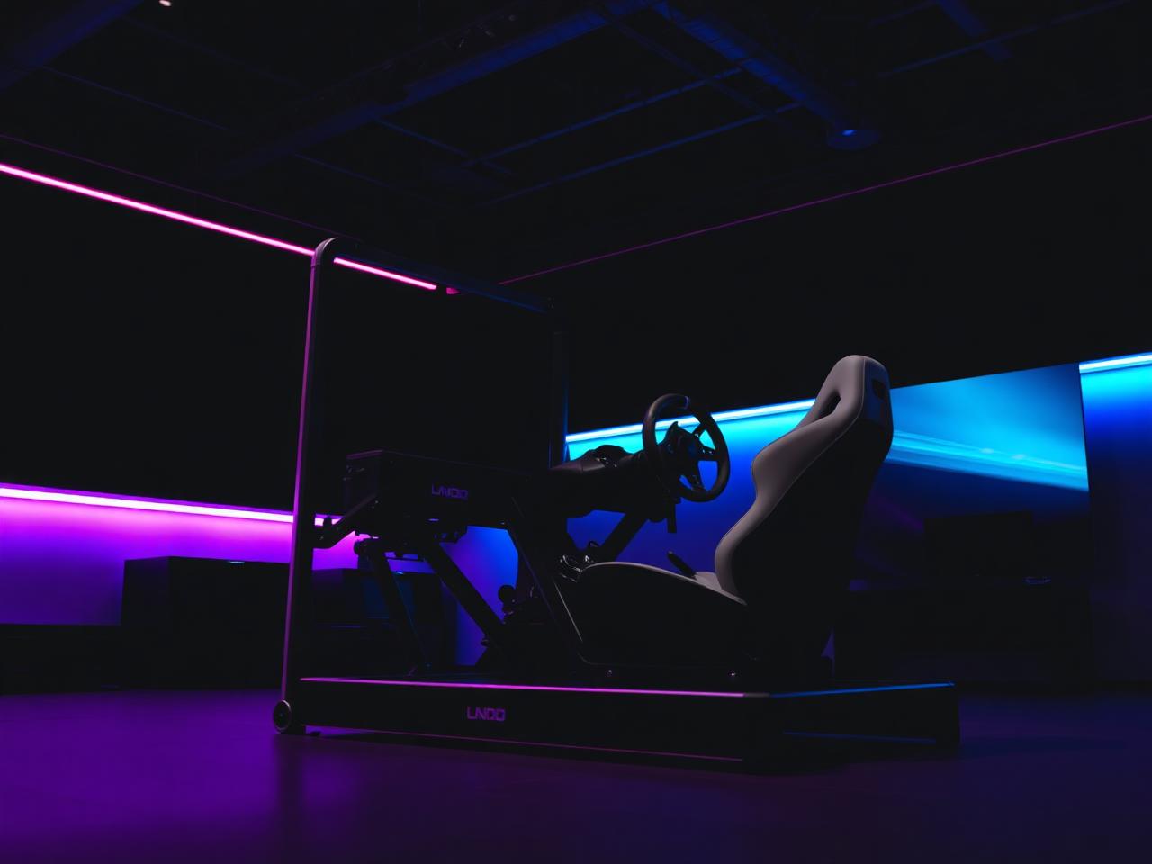 Black racing simulator cockpit under neon lighting