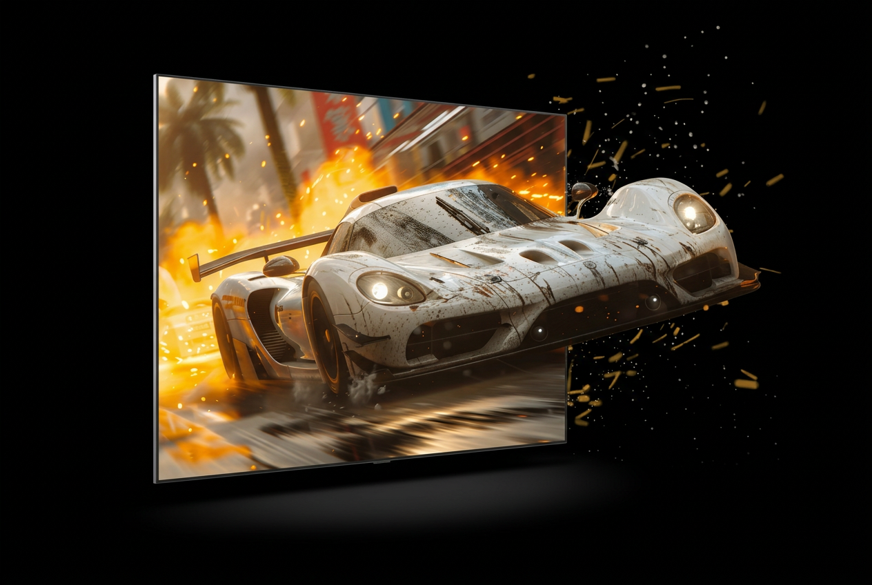 White racing car bursting through a racing display with flames and sparks